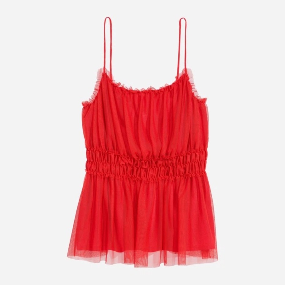 H&M Mesh Ruffle Tulle Spaghetti Strap Camisole Sleeveless Peplum Red Tank Top